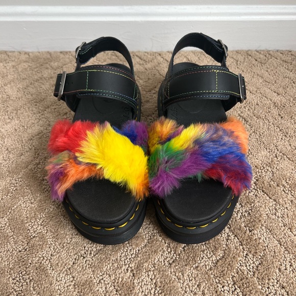Martens Voss II Fluffy Faux Fur Rainbow Black Leather Sandals